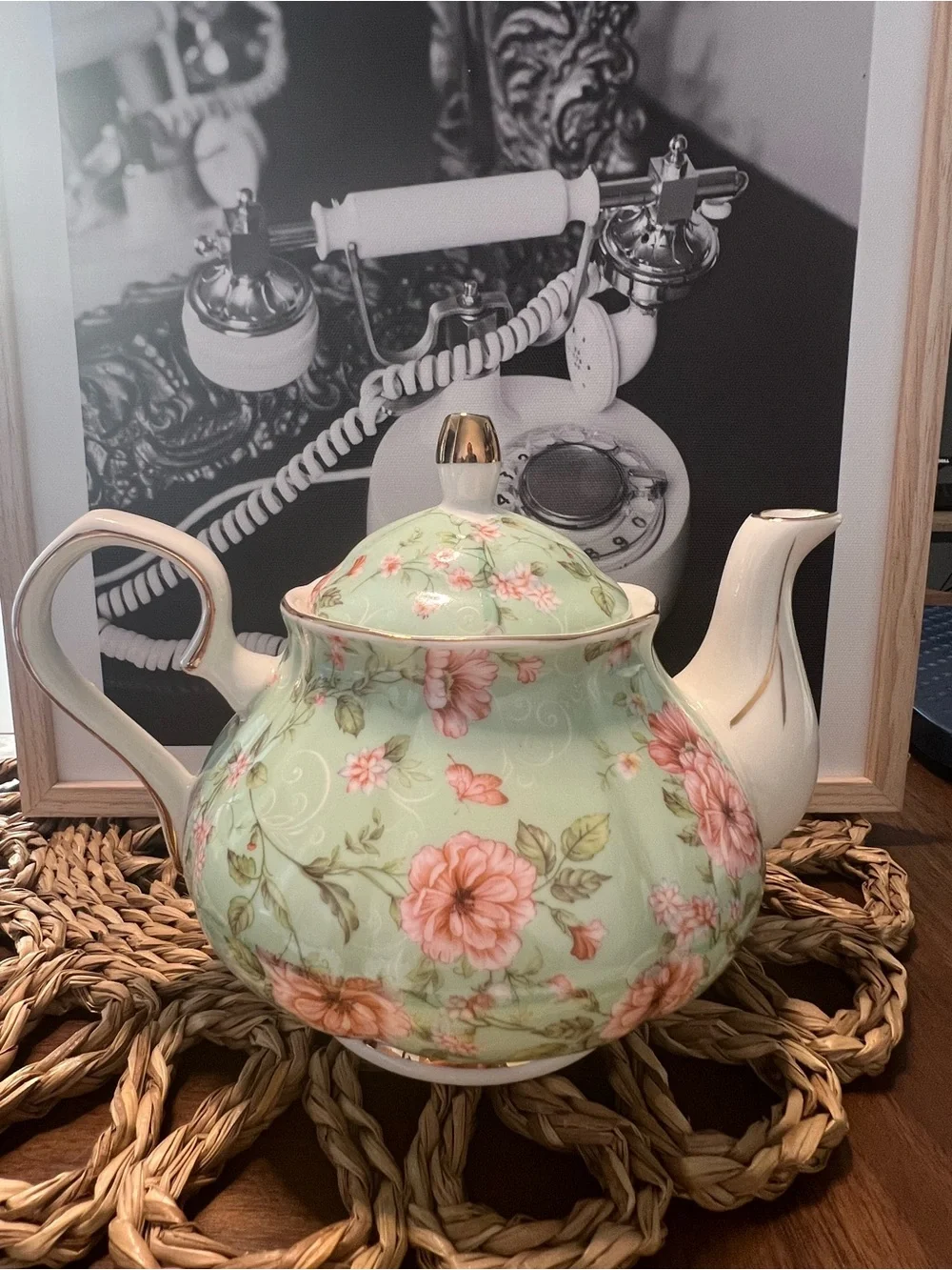 Vintage Floral Porcelain Teapot - Mint Green with Pink Flowers